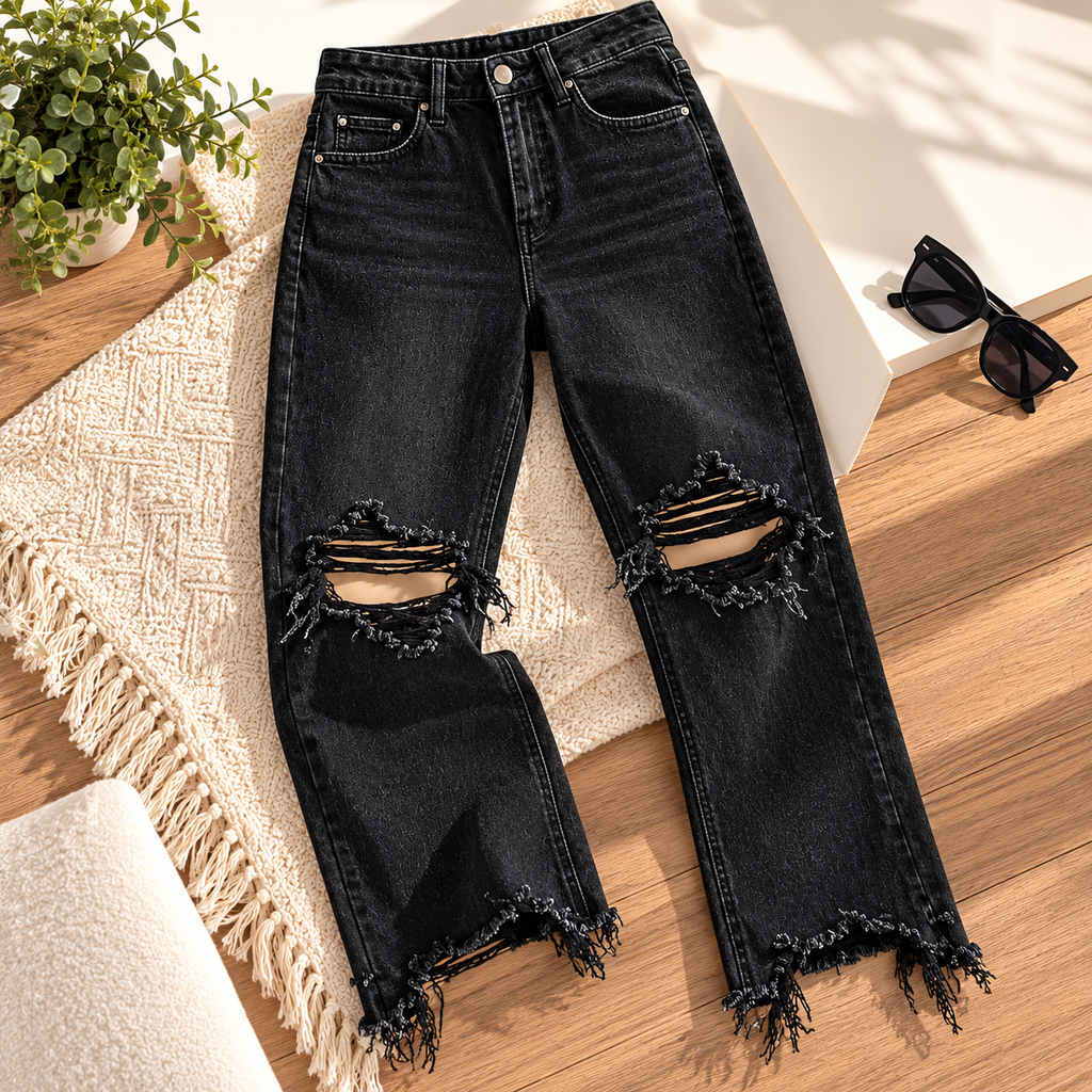 Jean Noir Femme Taille Haute Déchiré aux Genoux – Bas Effiloché – Coupe Droite