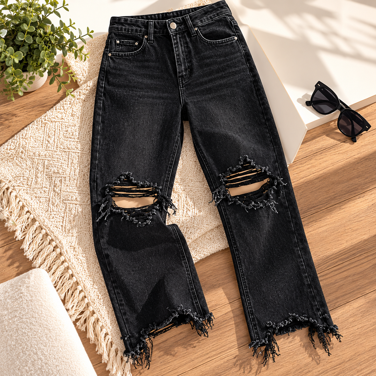 Jean Noir Femme Taille Haute Déchiré aux Genoux – Bas Effiloché – Coupe Droite