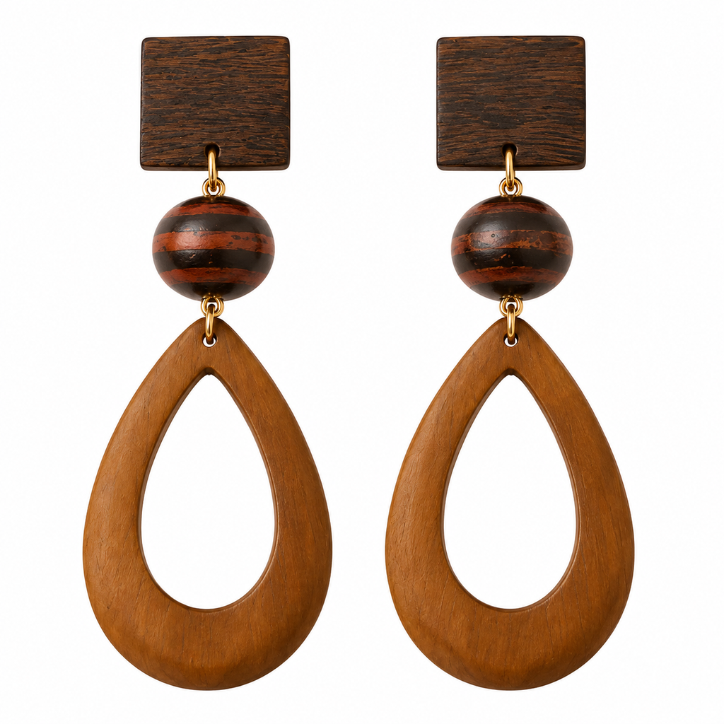 Boucles d’Oreilles Créoles Bois Naturel – Créoles Pendantes Bohème Marron – Bijou Original