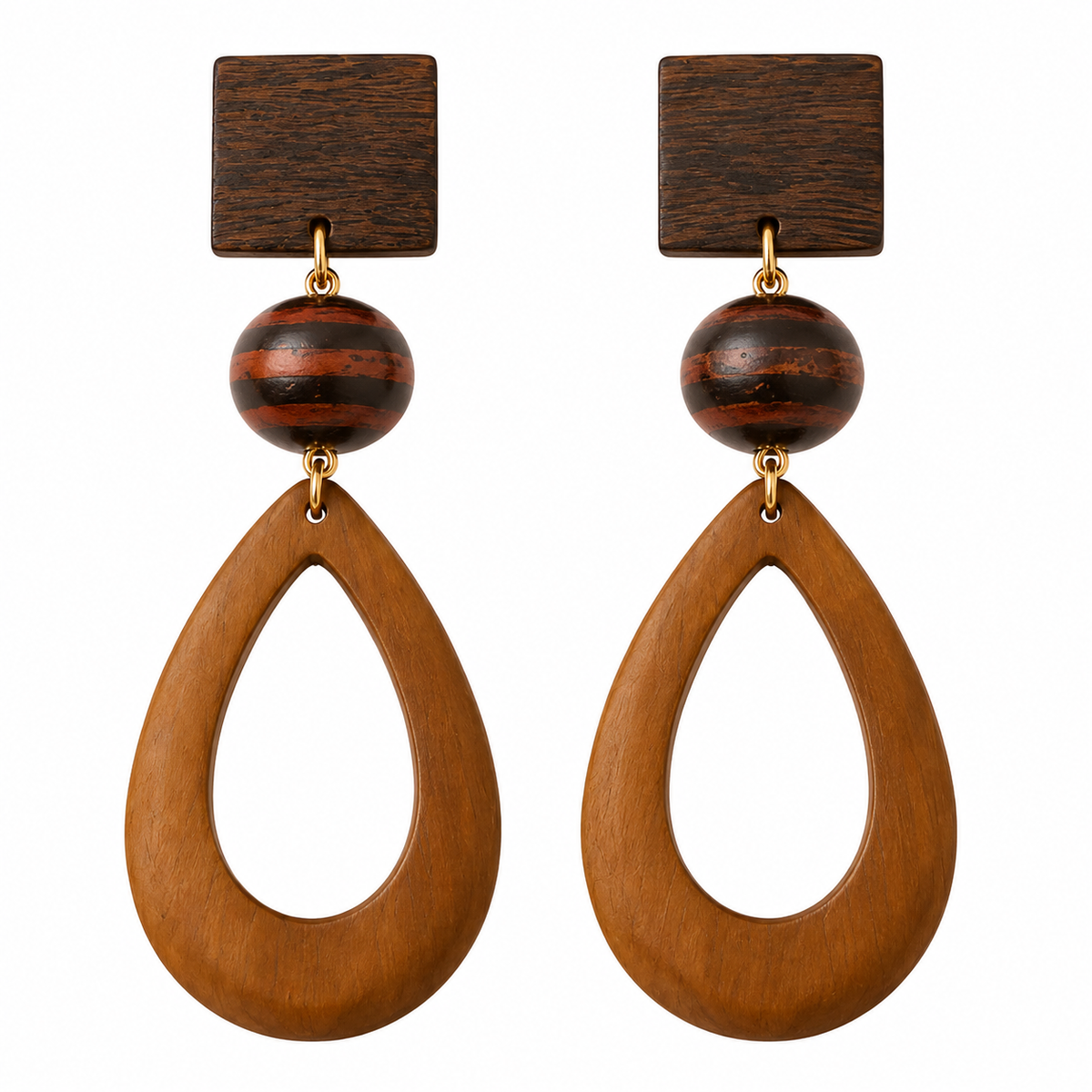 Boucles d’Oreilles Créoles Bois Naturel – Créoles Pendantes Bohème Marron – Bijou Original