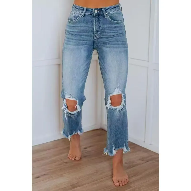 Jean Femme Bleu Clair Taille Haute – Jean Déchiré aux Genoux & Bas Effiloché