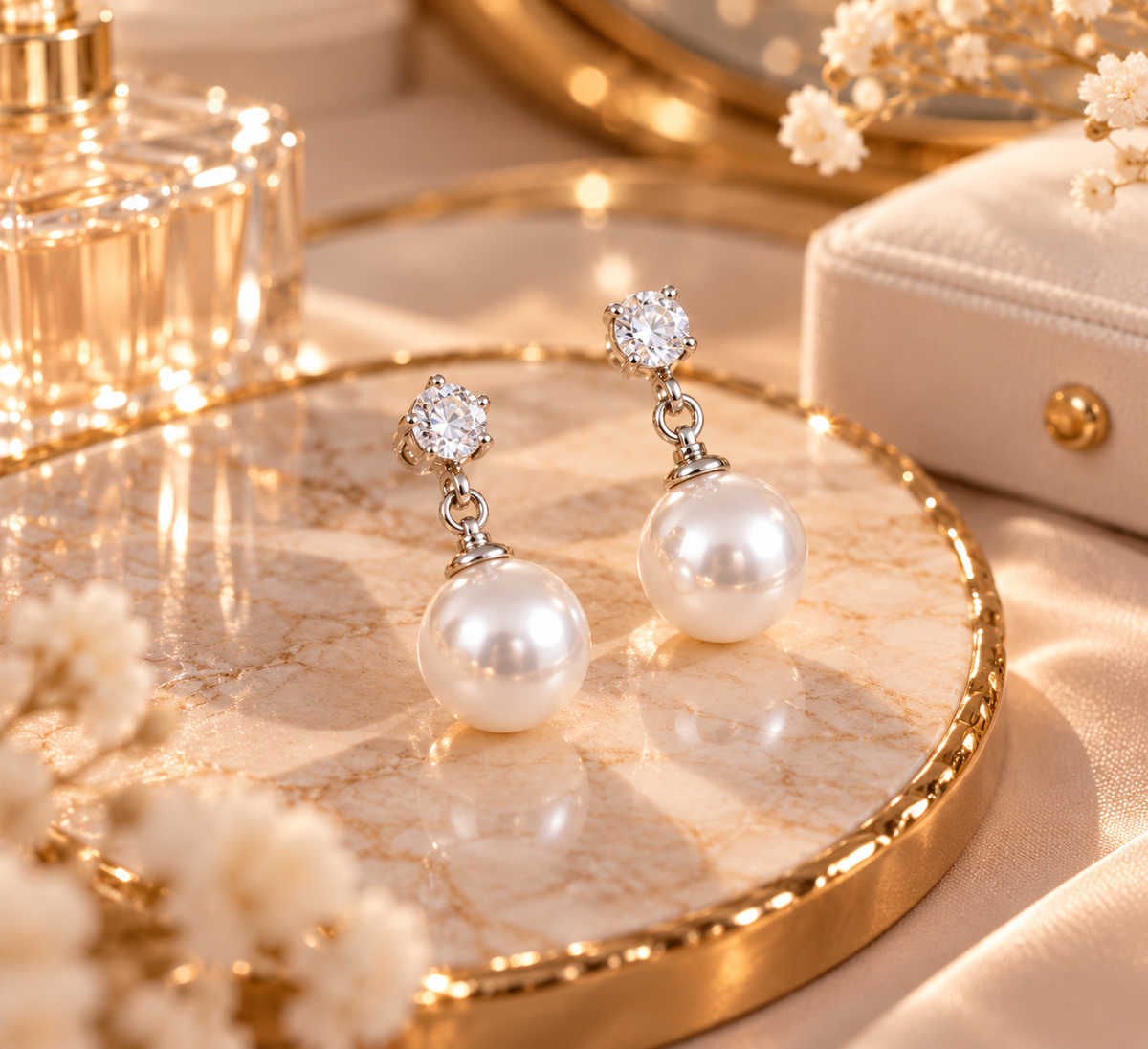 Boucles d’Oreilles Perle Femme – Pendantes Dorées avec Zircon Scintillant – Bijou Élégant et Raffiné