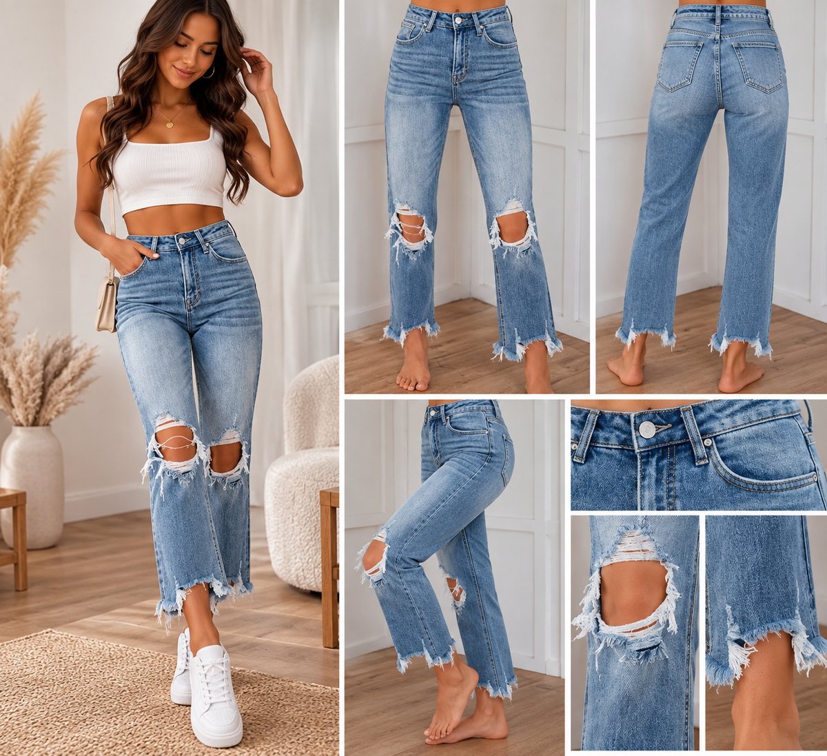 Jean Femme Bleu Clair Taille Haute – Jean Déchiré aux Genoux & Bas Effiloché