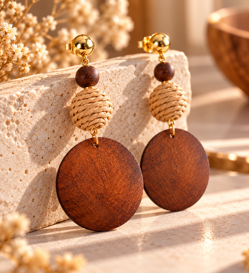 Boucles d’Oreilles Créoles Bois et Raphia