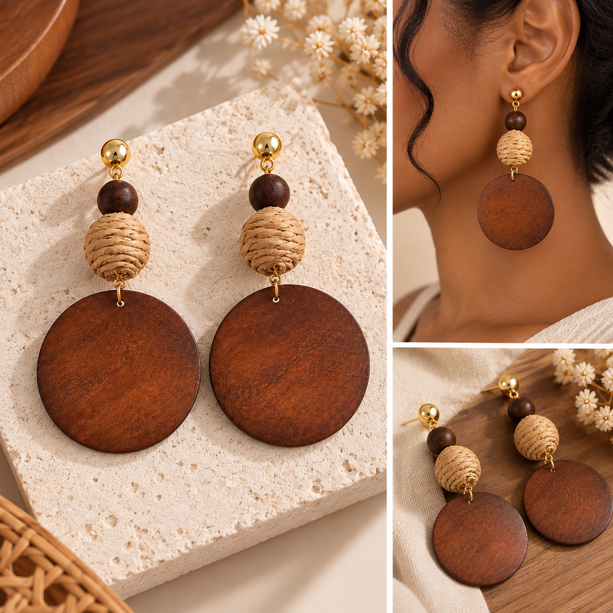 Boucles d’Oreilles Créoles Bois et Raphia