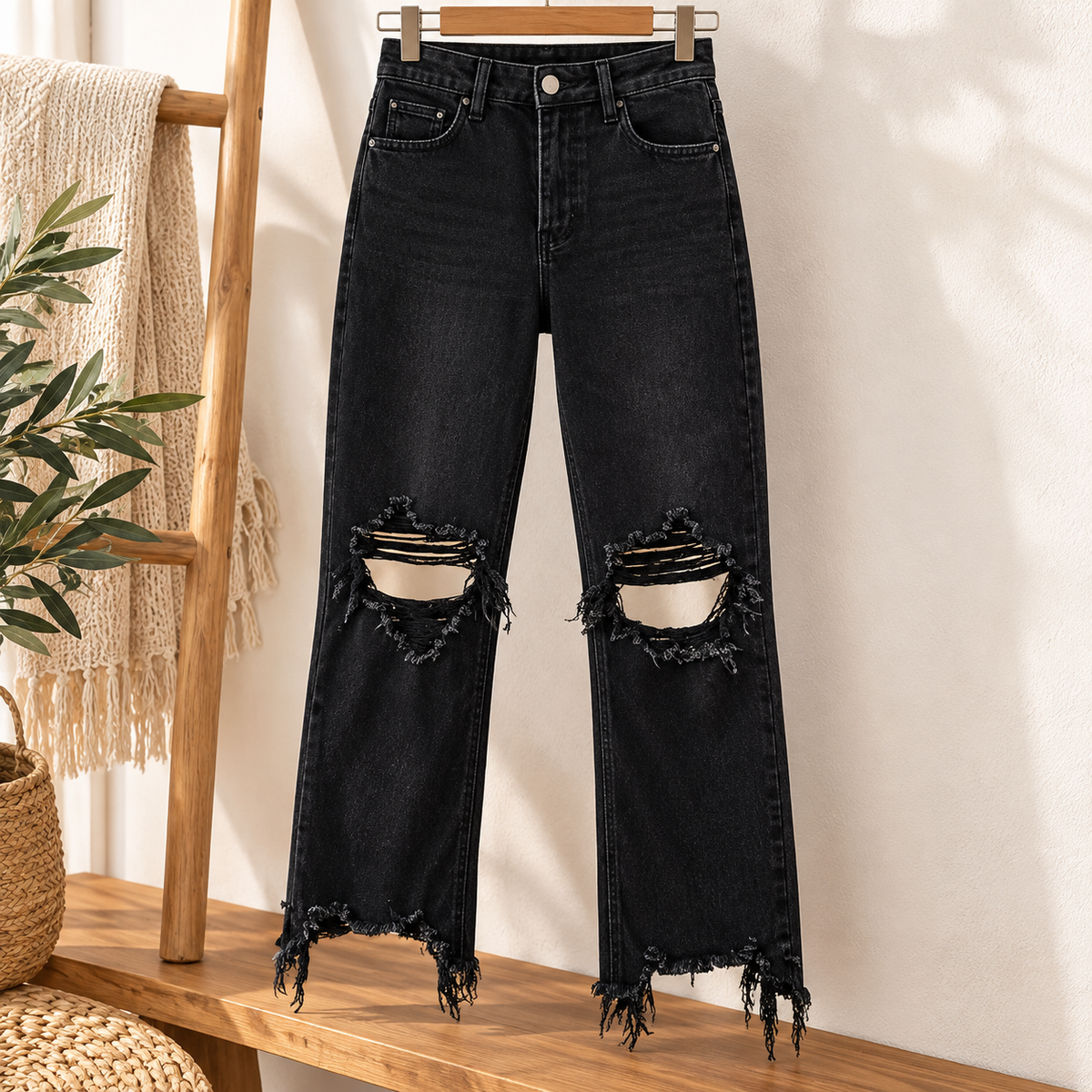Jean Noir Femme Taille Haute Déchiré aux Genoux – Bas Effiloché – Coupe Droite