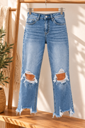 Jean Femme Bleu Clair Taille Haute – Jean Déchiré aux Genoux & Bas Effiloché