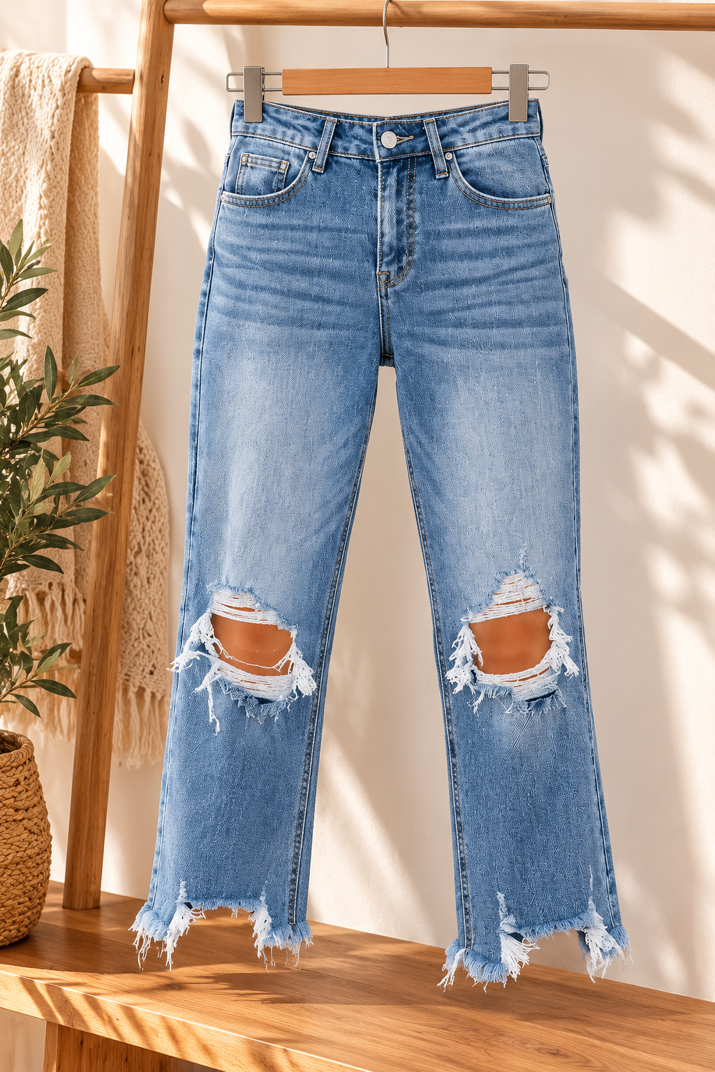 Jean Femme Bleu Clair Taille Haute – Jean Déchiré aux Genoux & Bas Effiloché