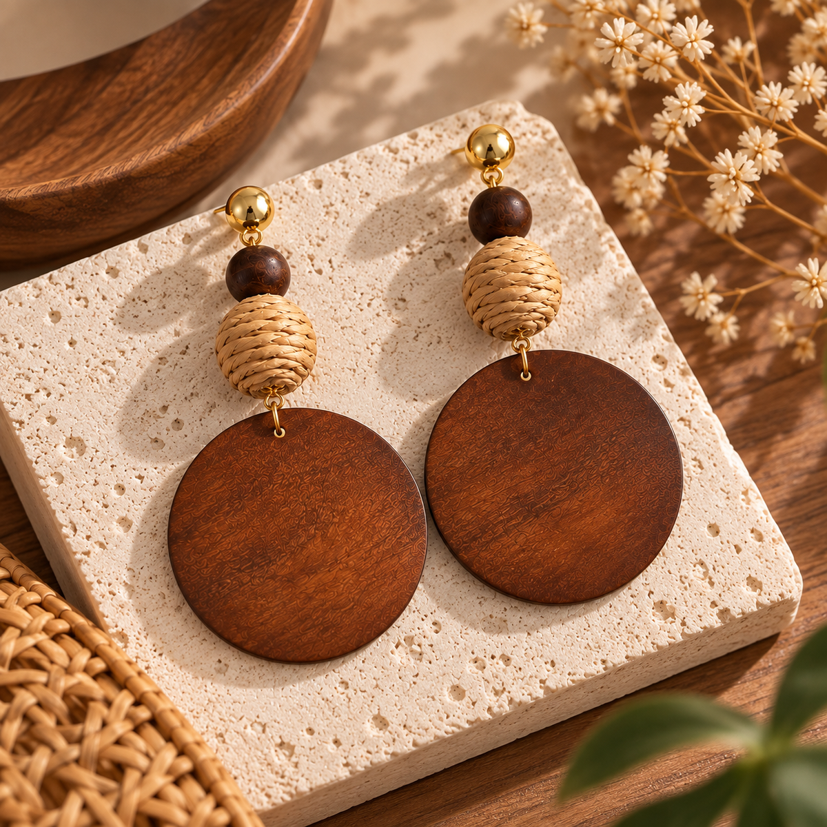 Boucles d’Oreilles Créoles Bois et Raphia