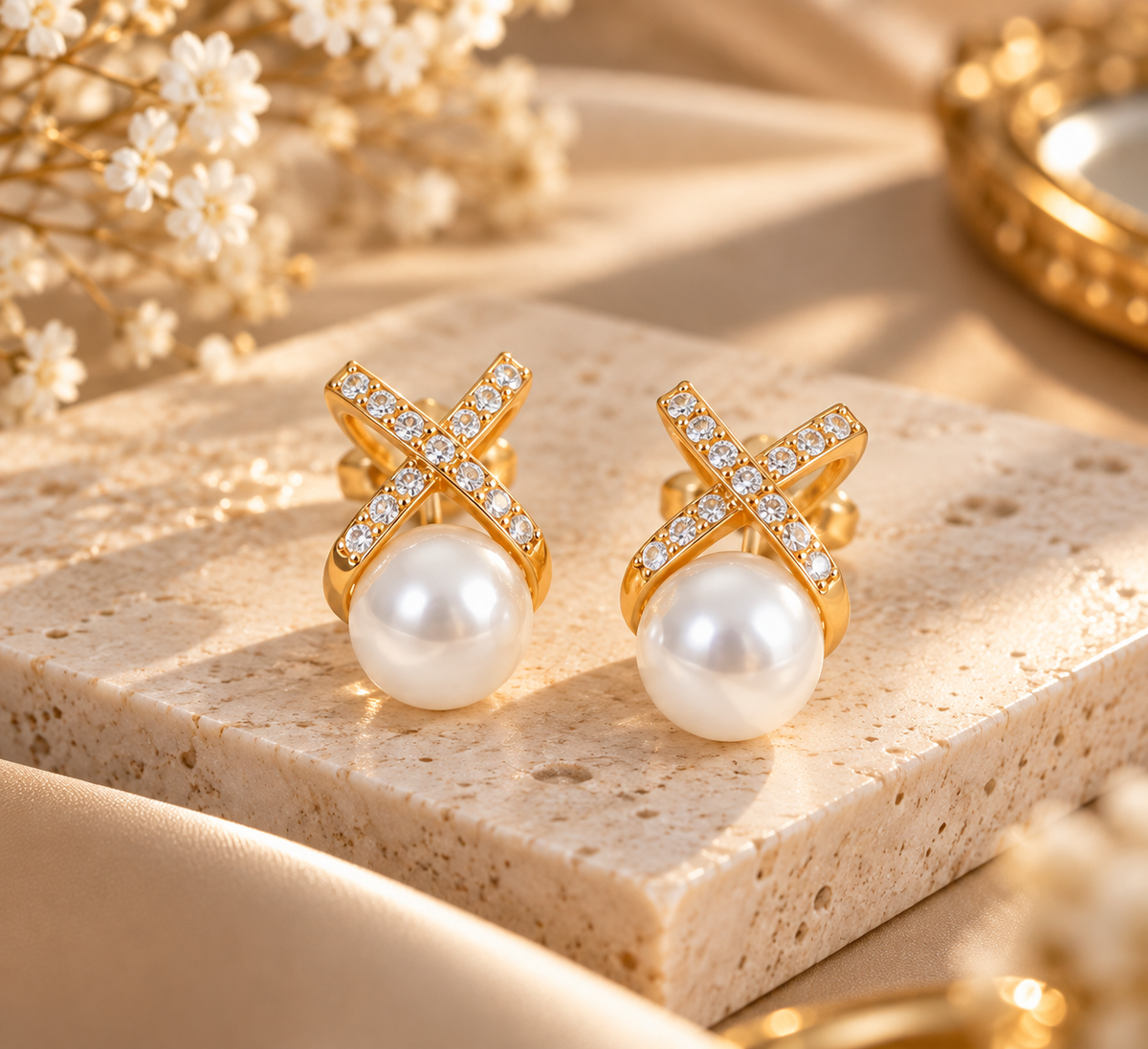 Boucles d’Oreilles Dorées avec Perle Nacrée et Zircons Scintillants