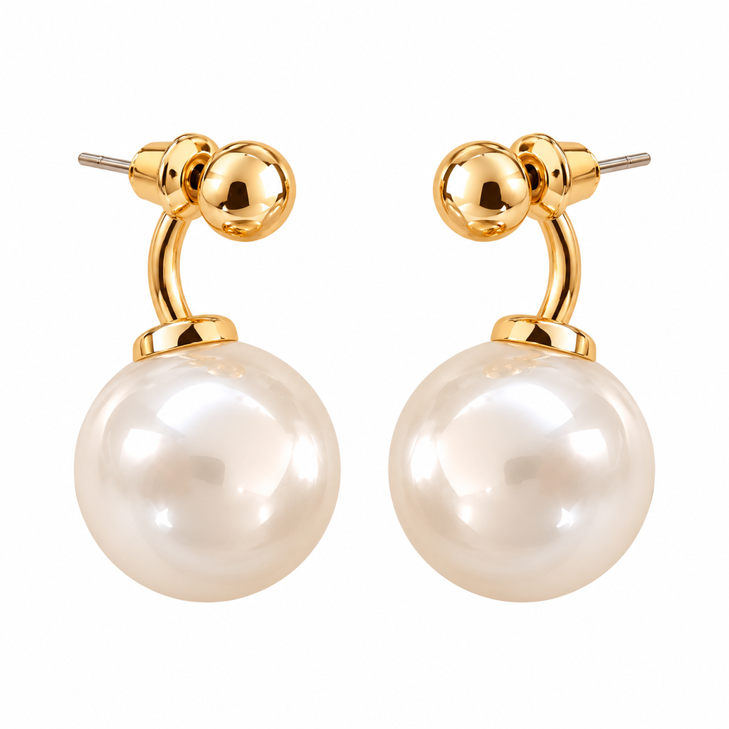 Boucles d’Oreilles Grande Perle Blanche & Boule Dorée – Design Courbé Chic