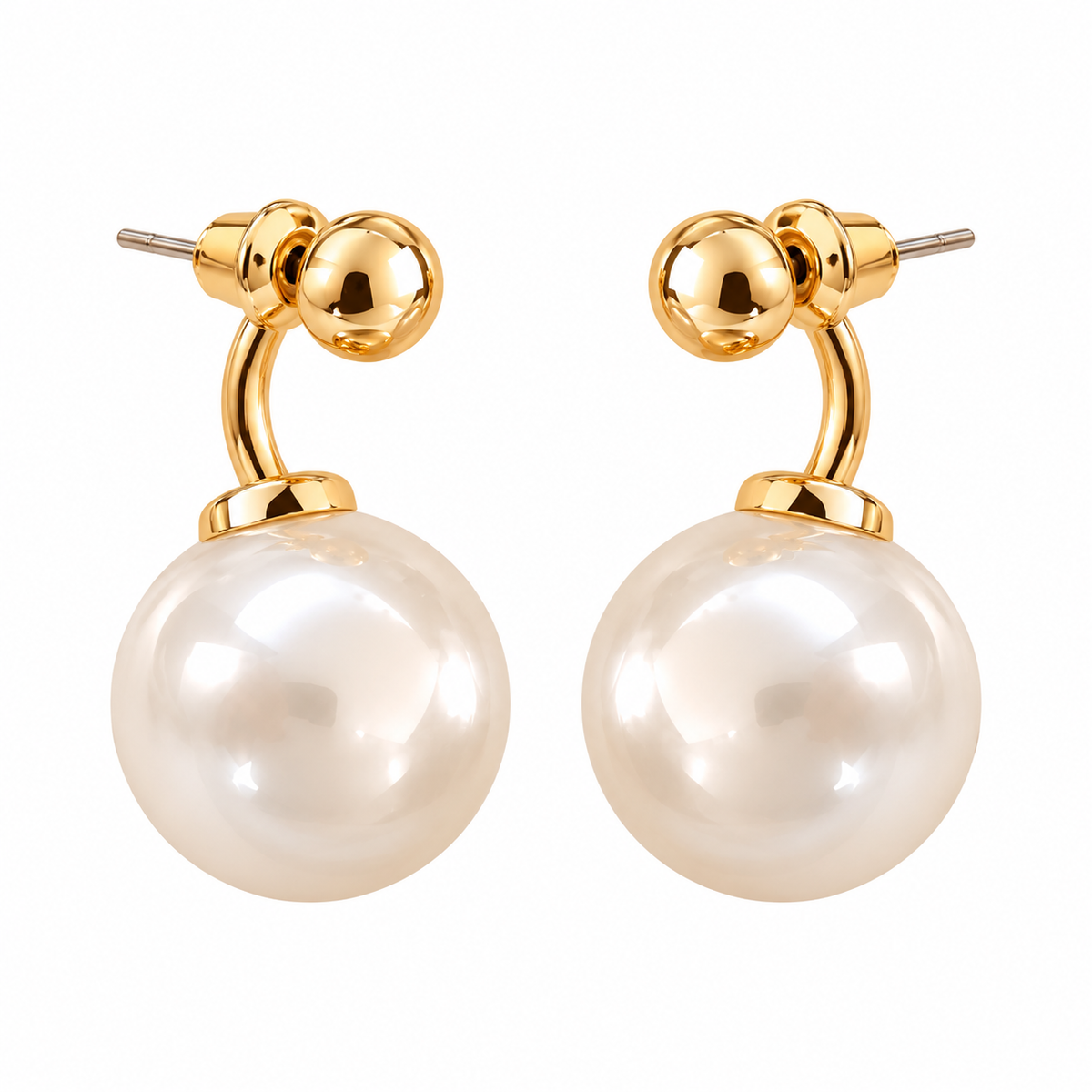 Boucles d’Oreilles Grande Perle Blanche & Boule Dorée – Design Courbé Chic