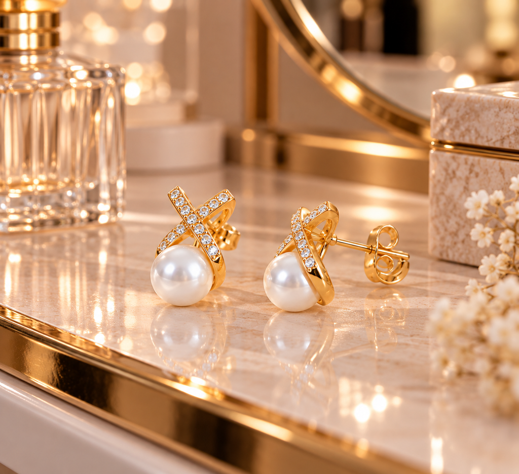 Boucles d’Oreilles Dorées avec Perle Nacrée et Zircons Scintillants