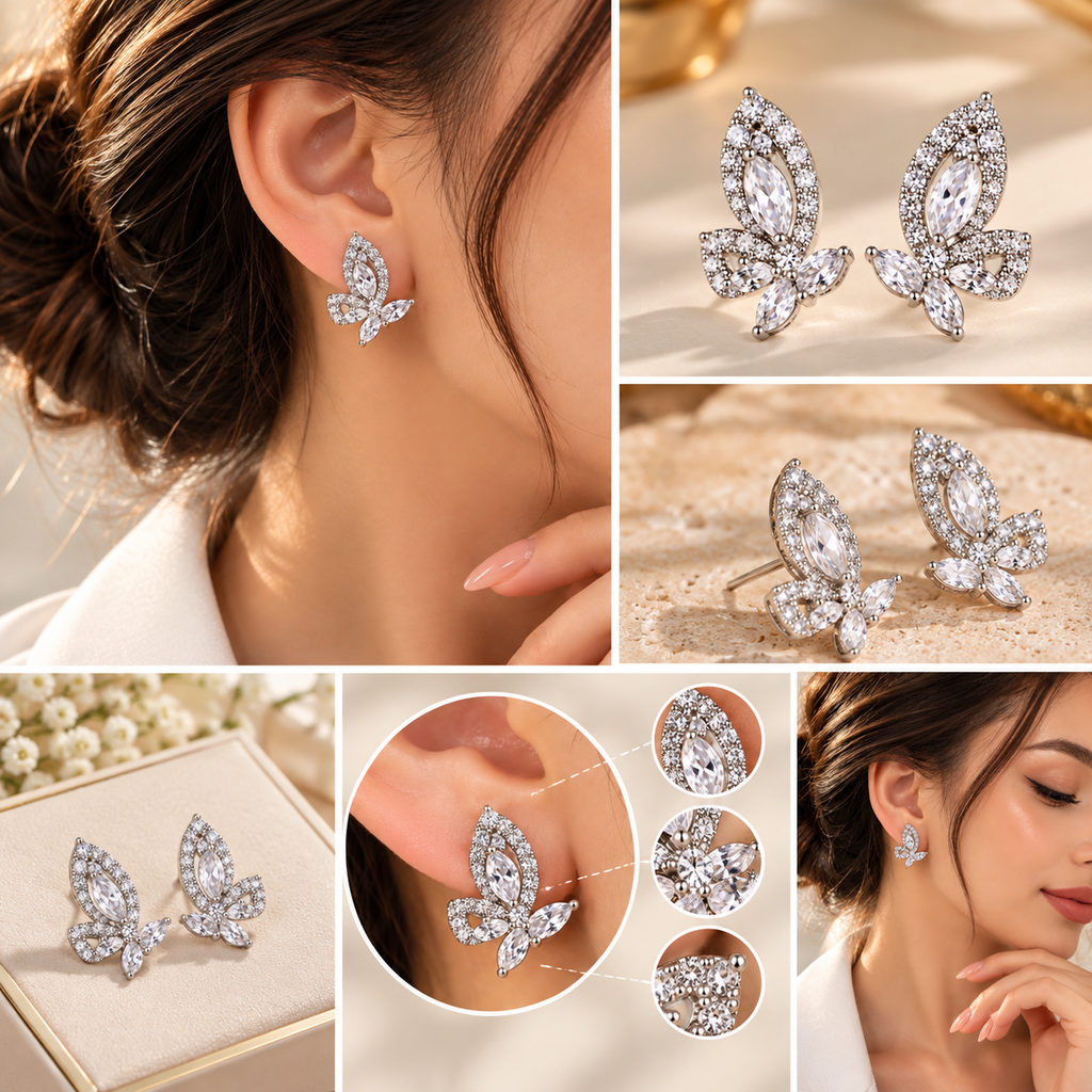 Boucles d’Oreilles Papillon Cristal – Bijou Argenté