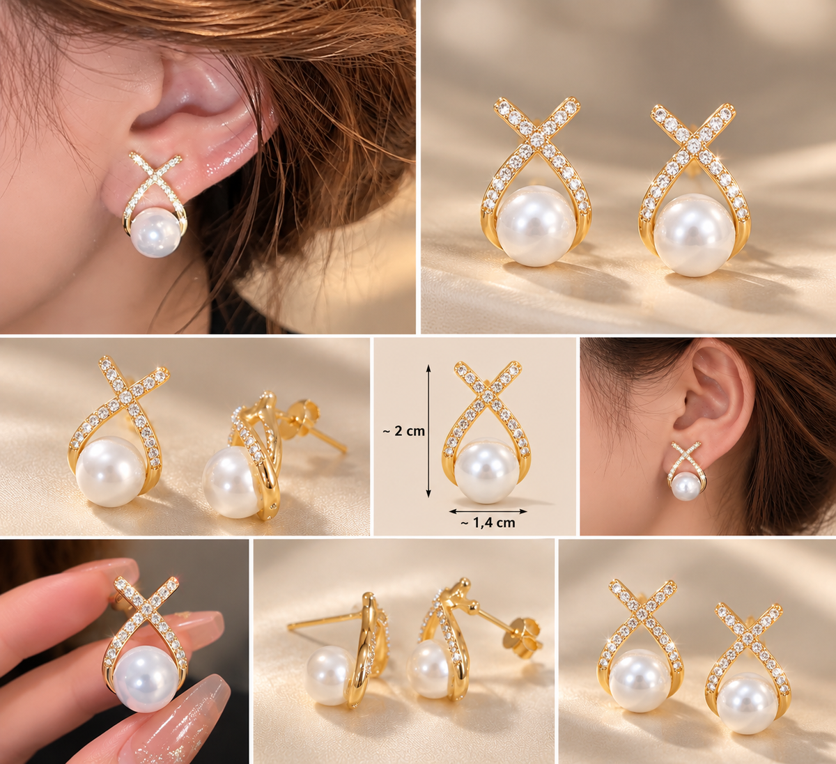 Boucles d’Oreilles Dorées avec Perle Nacrée et Zircons Scintillants
