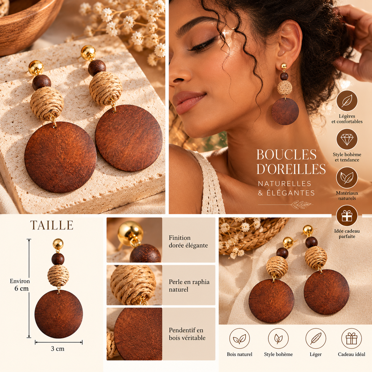 Boucles d’Oreilles Créoles Bois et Raphia