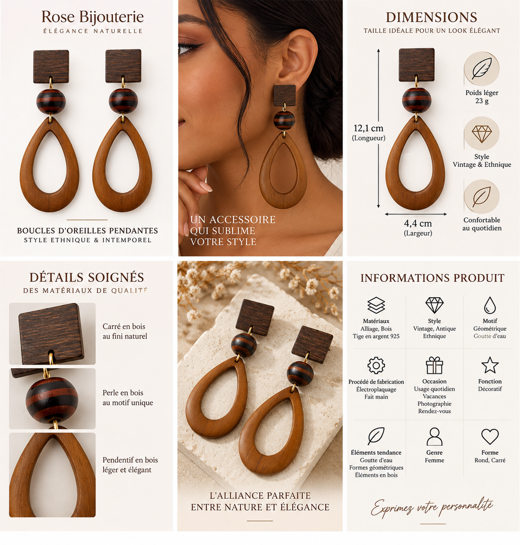 Boucles d’Oreilles Créoles Bois Naturel – Créoles Pendantes Bohème Marron – Bijou Original