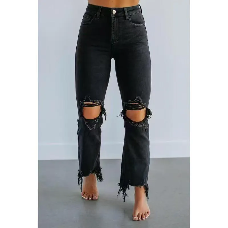 Jean Noir Femme Taille Haute Déchiré aux Genoux – Bas Effiloché – Coupe Droite