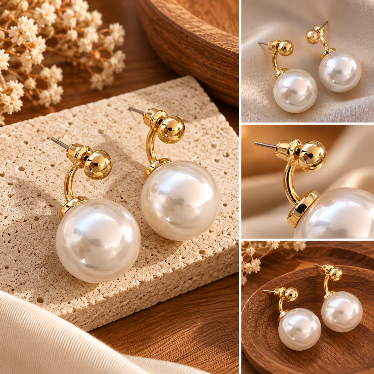 Boucles d’Oreilles Grande Perle Blanche & Boule Dorée – Design Courbé Chic