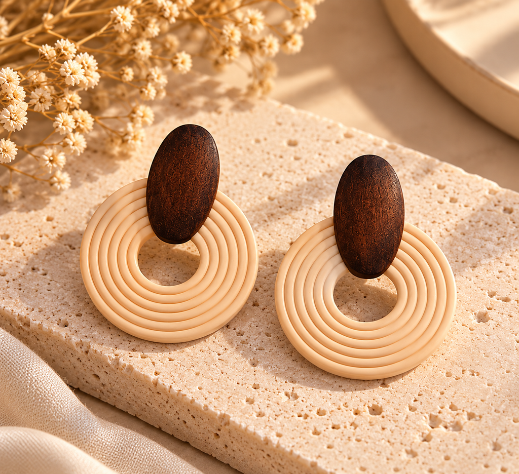 Boucles d’Oreilles Créoles Femme en Bois & Anneaux Ivoire