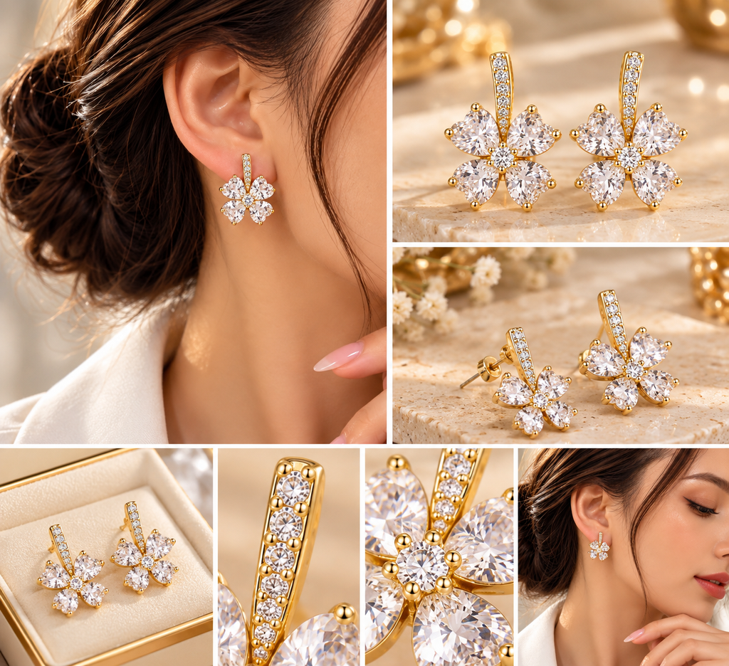 Boucles d’Oreilles Fleur Dorée en Cristal – 4 Pétales Blancs Facettés & Strass