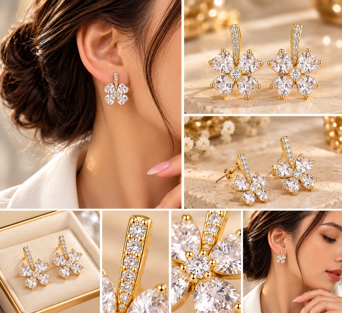 Boucles d’Oreilles Fleur Dorée en Cristal – 4 Pétales Blancs Facettés & Strass