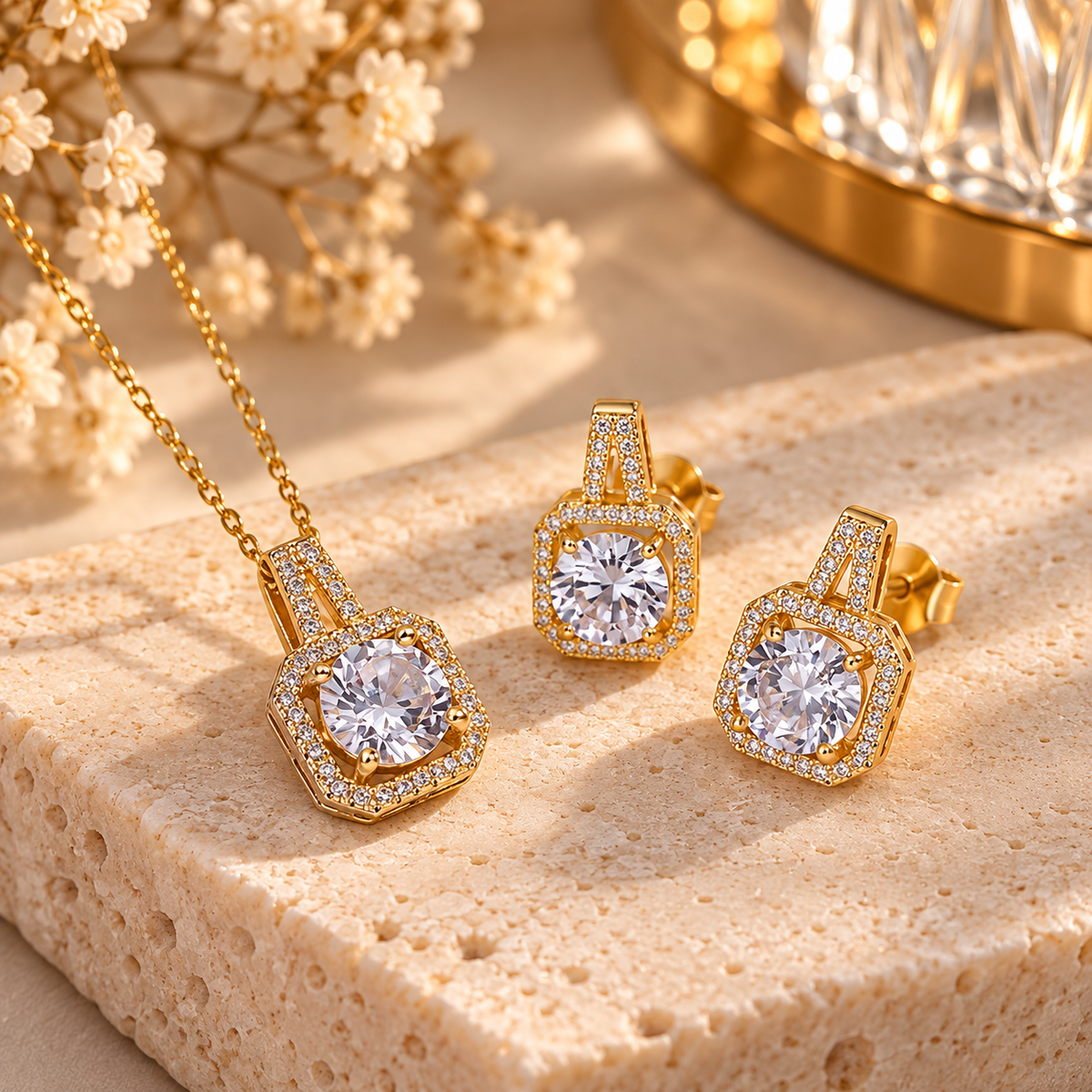 Parure Bijoux Femme Dorée – Collier & Boucles d’Oreilles Cristal Rond – Strass Pavés - Ensemble de collier et de boucles d’oreilles.