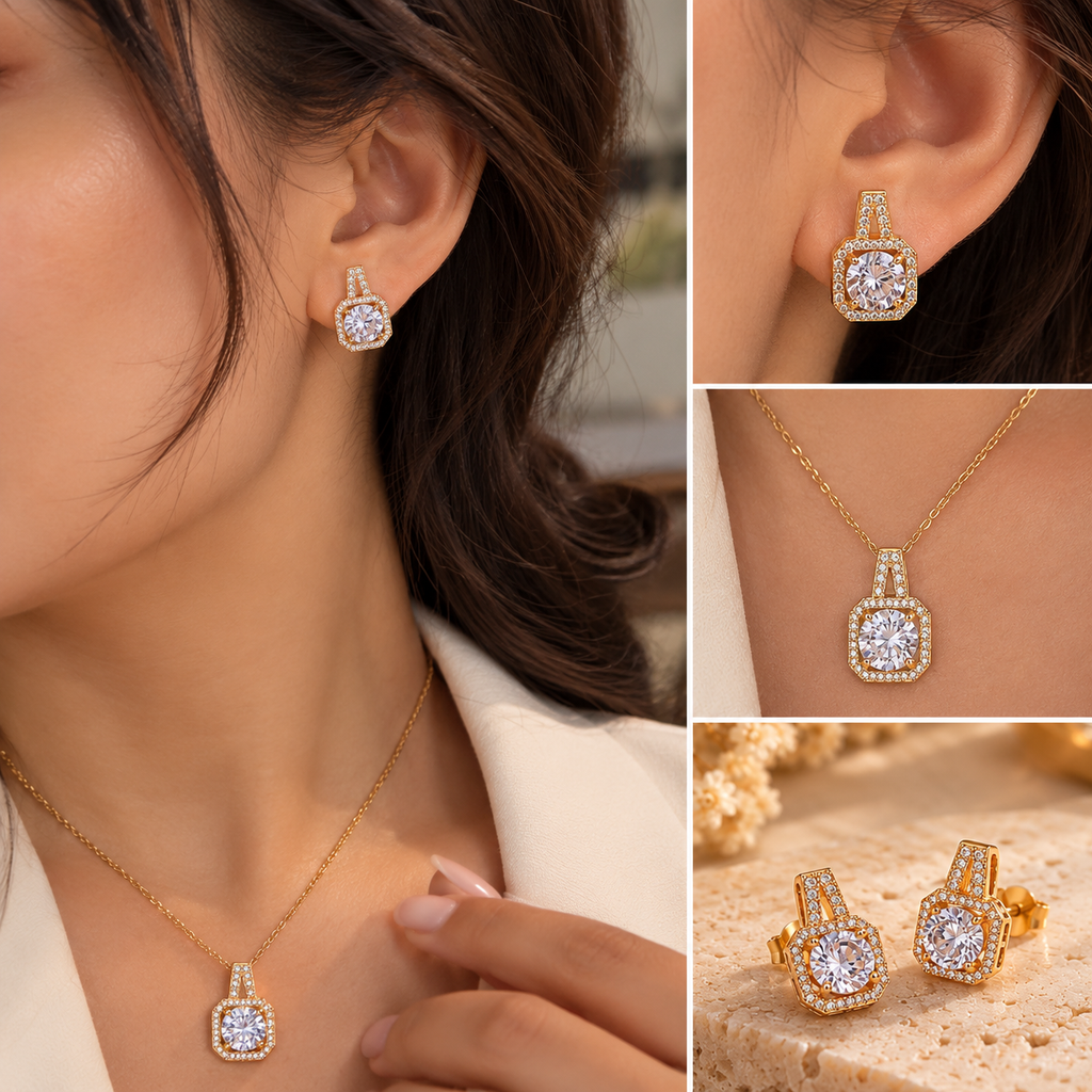 Parure Bijoux Femme Dorée – Collier & Boucles d’Oreilles Cristal Rond – Strass Pavés - Ensemble de collier et de boucles d’oreilles.